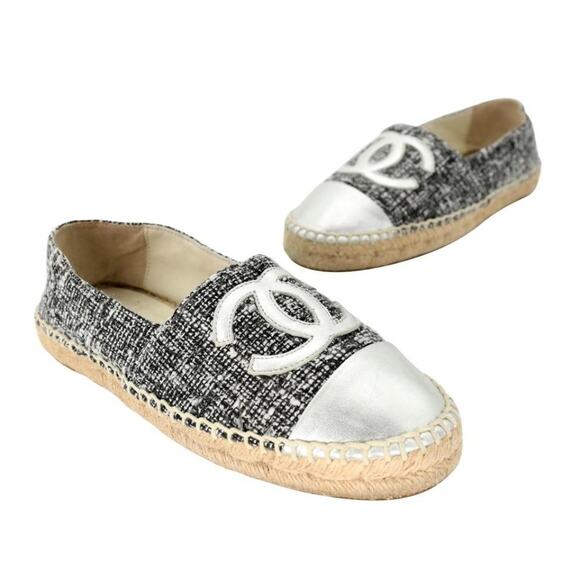 Chanel Espadrille 38 Tweed Leather Cap Toe CC Flats CC-S0207P-C009 - Picture 2 of 11